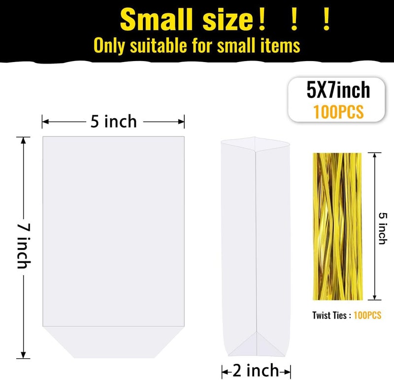 ZIMCEMS 100Pcs 5X7 inch Bottom Gusset Bags Clear Cellophane Gift Bags Plastic Gift Wrap Cello Bags for Party Favor Treats, Goodie,Bakery Cookie, Candy with 5" Twist Ties - Image 2